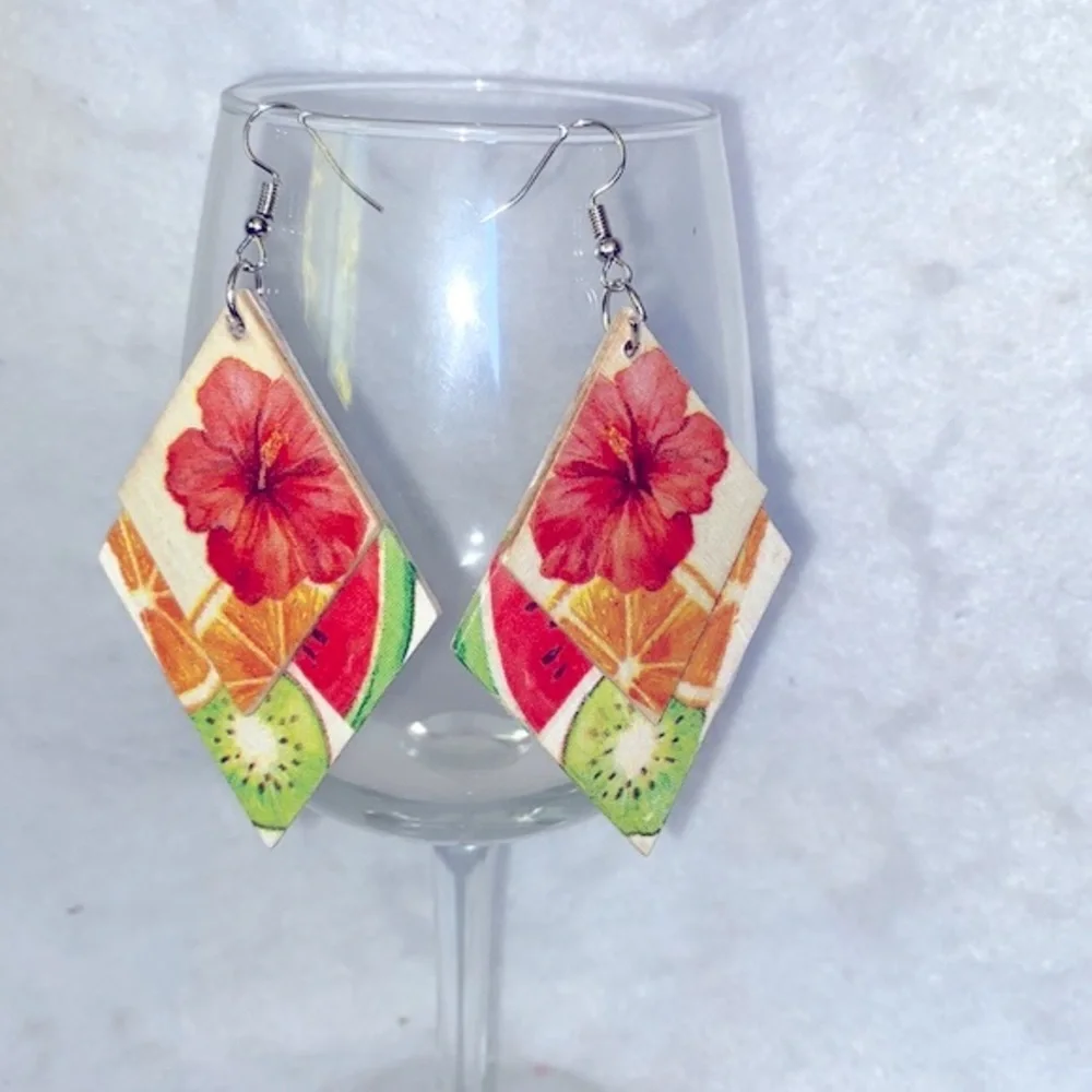 Lightweight Tropical Wood Dangle Earrings Hibiscus Kiwi Watermelon 3” Tiered - Picture 2 of 8